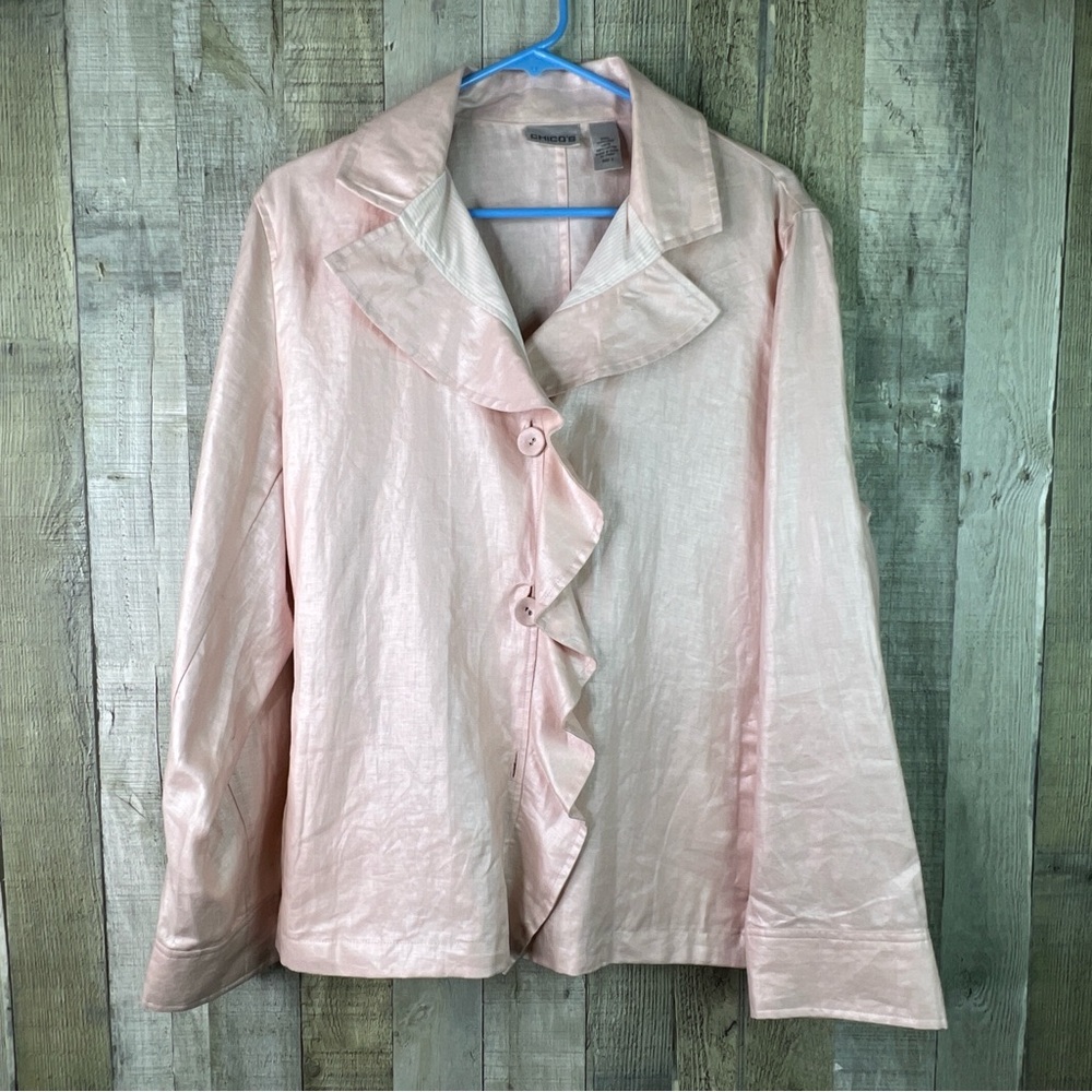 Chico’s Size 3 (Flaw) Light Pastel Pink Jacket Long Sleeve 3 Button Ruffle Front
